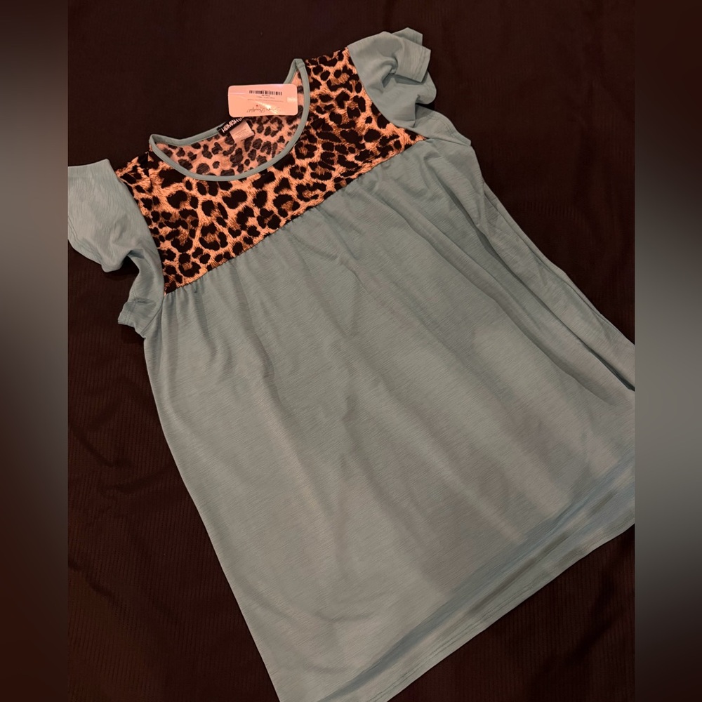 Blue and Leopard Flutter sleeve top